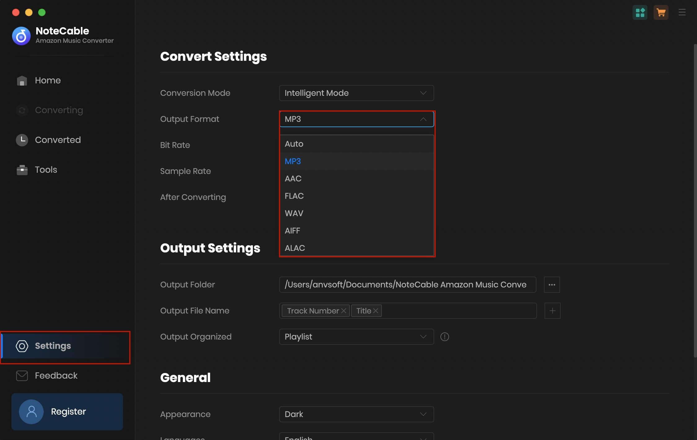 finish output settings