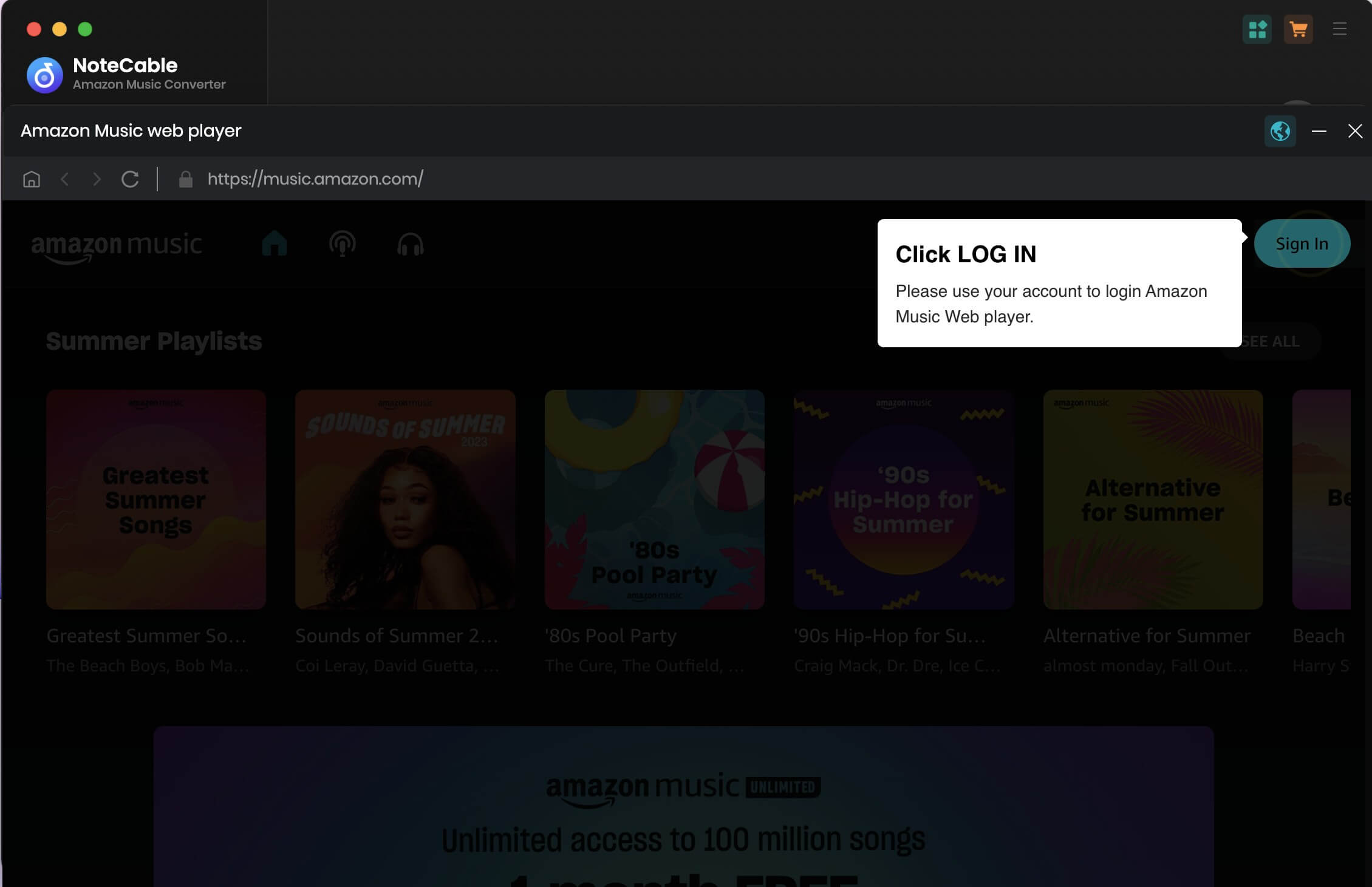 Log in Amazon Music account on NoteCable