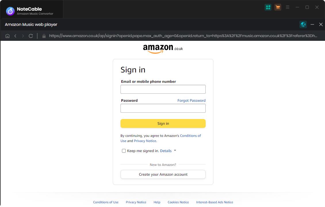 Log in Amazon Music account on NoteCable