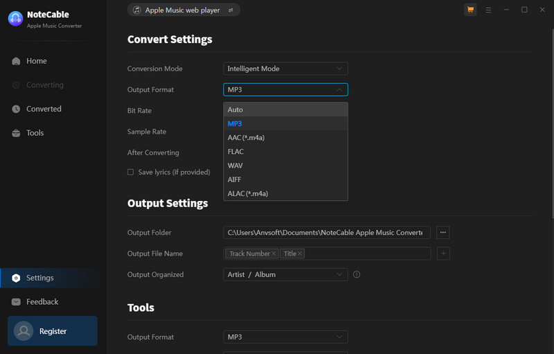 set alac as the output format